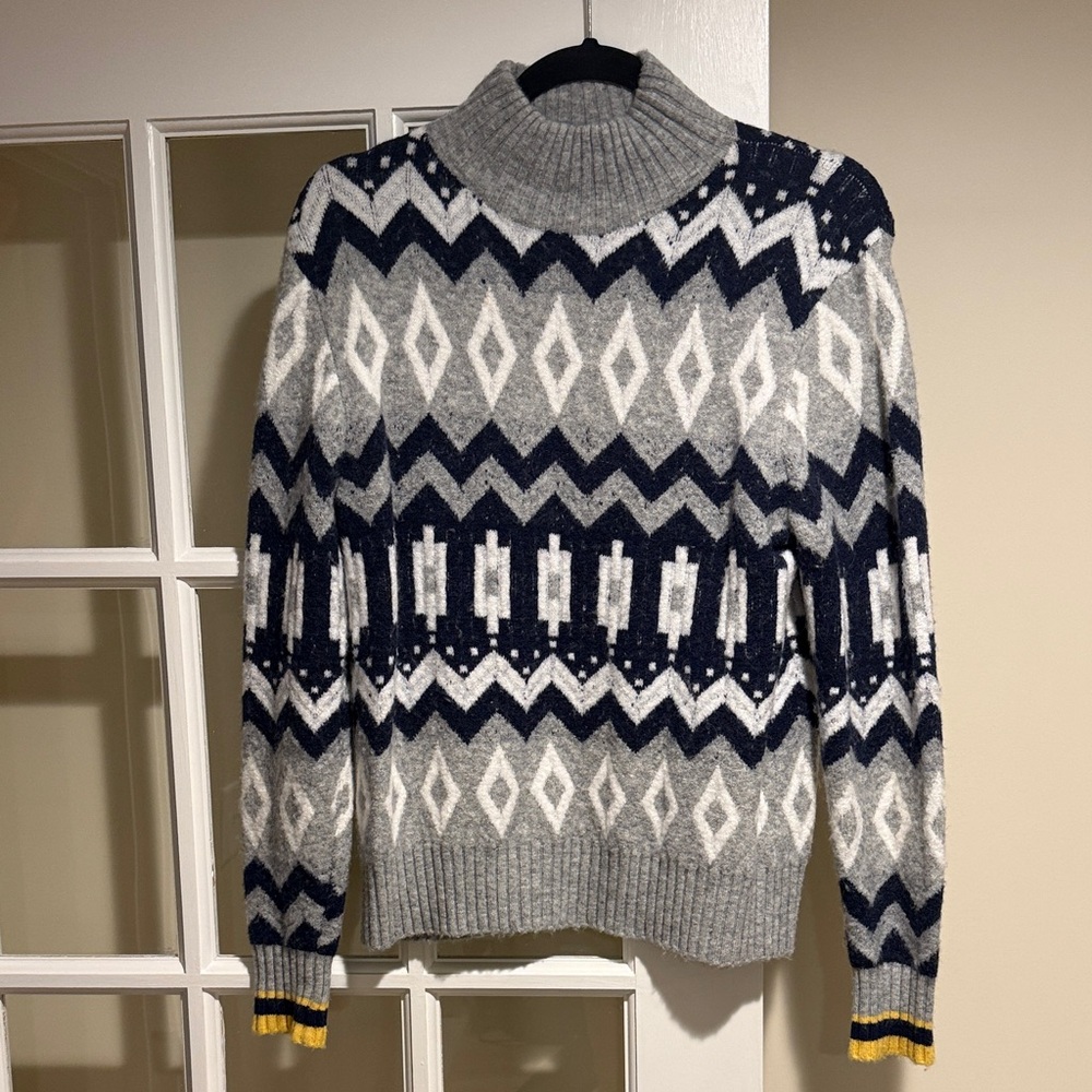 J. Crew Gray and Navy Patterned Turtleneck Sweater